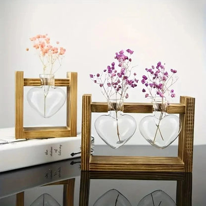 Transparent Heart Shaped Glass Vase with Wooden Frame for Hydroponic Plant Propagation