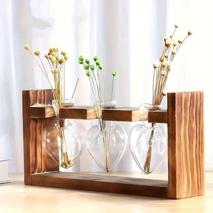 Transparent Heart Shaped Glass Vase with Wooden Frame for Hydroponic Plant Propagation