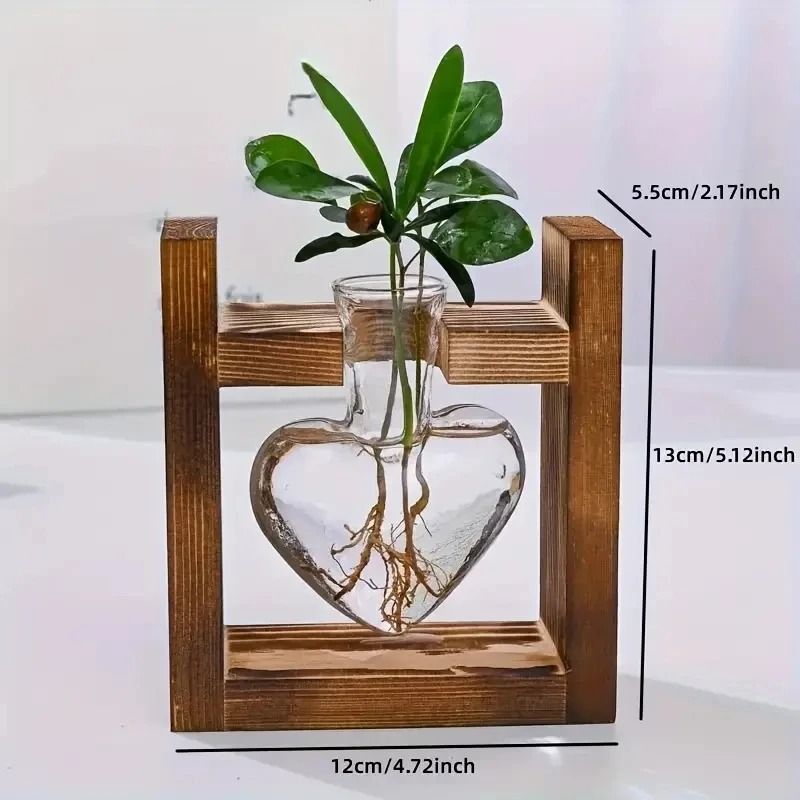 Transparent Heart Shaped Glass Vase with Wooden Frame for Hydroponic Plant Propagation