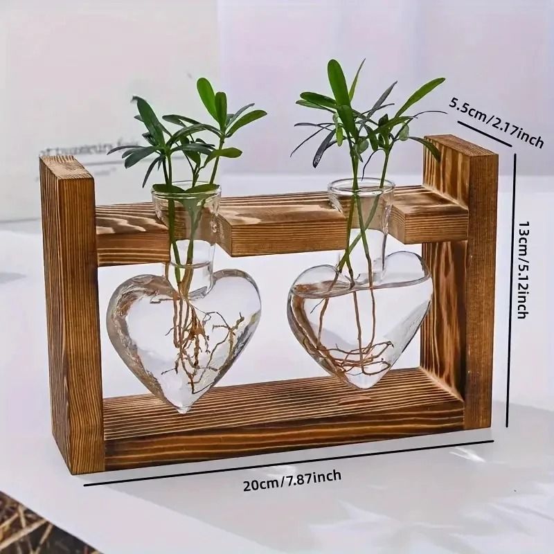Transparent Heart Shaped Glass Vase with Wooden Frame for Hydroponic Plant Propagation