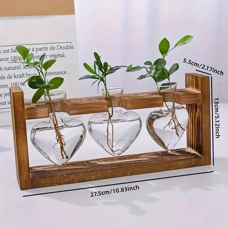 Transparent Heart Shaped Glass Vase with Wooden Frame for Hydroponic Plant Propagation