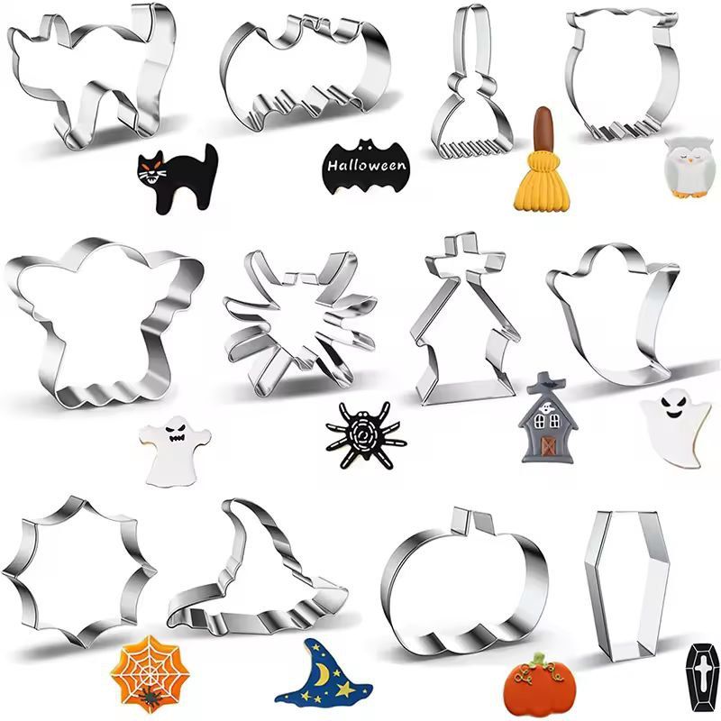 Festive Halloween Cookie Cutter Set, 12-Piece Stainless Steel Bat, Ghost & Pumpkin Shapes