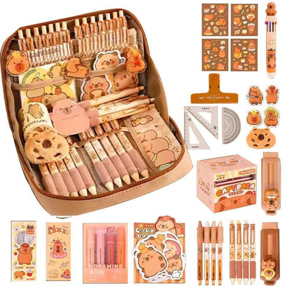 Cute Pencil Case With Pens Clips Rulers Sticky Note, Capybara Stationery Set, Color Ballpoint Pen Pencil Organizer