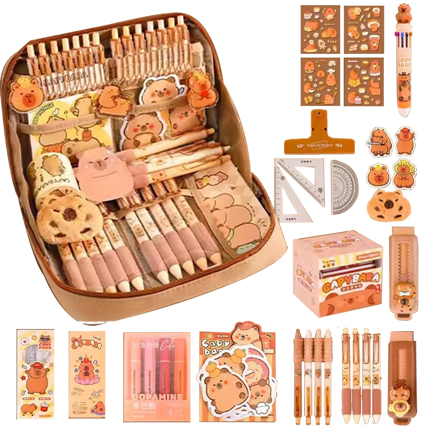 Cute Pencil Case With Pens Clips Rulers Sticky Note, Capybara Stationery Set, Color Ballpoint Pen Pencil Organizer