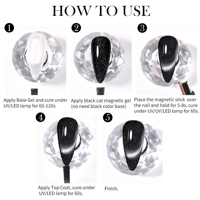 Black Crystal Cat Magnetic Gel Nail Polish Glitter UV Soak Off Gel