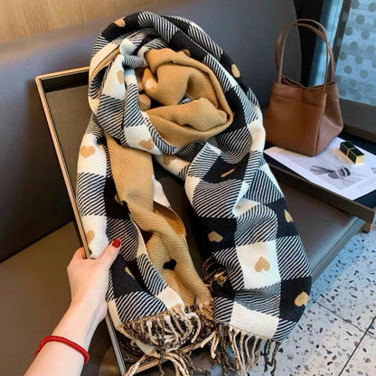 Thick Large Blanket Shawl Scarf, Women's Plaid Comfortable Scarf, Women's Autumn and Winter Heart-Patterned Scarf