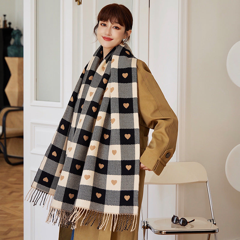 Thick Large Blanket Shawl Scarf, Women's Plaid Comfortable Scarf, Women's Autumn and Winter Heart-Patterned Scarf