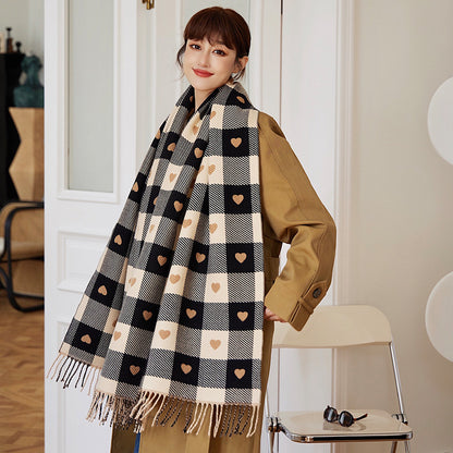 Thick Large Blanket Shawl Scarf, Women's Plaid Comfortable Scarf, Women's Autumn and Winter Heart-Patterned Scarf