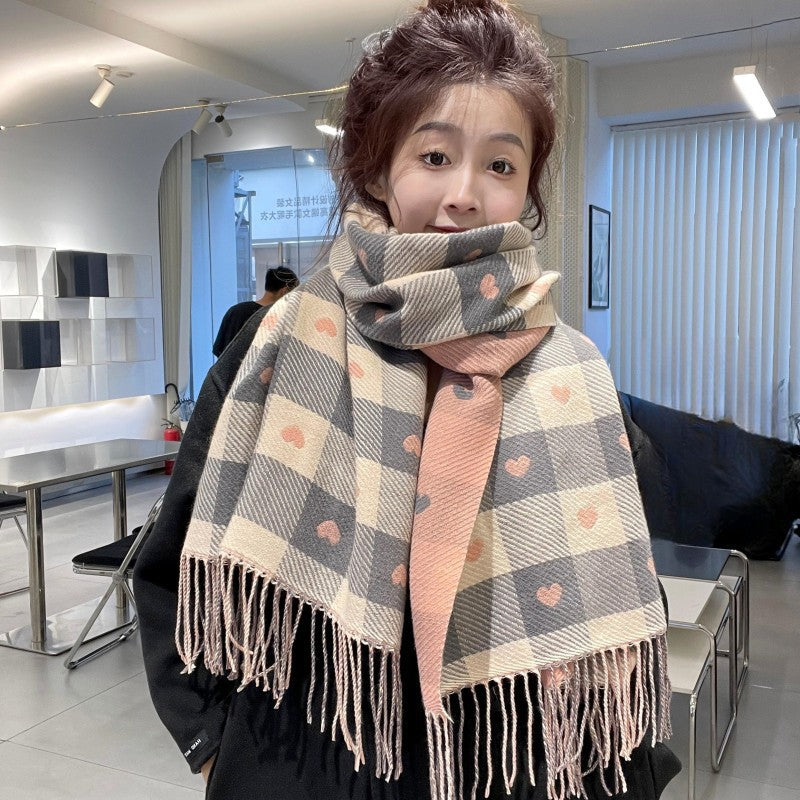 Thick Large Blanket Shawl Scarf, Women's Plaid Comfortable Scarf, Women's Autumn and Winter Heart-Patterned Scarf