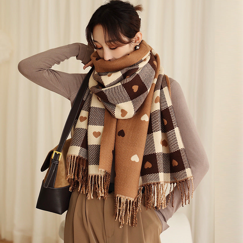Thick Large Blanket Shawl Scarf, Women's Plaid Comfortable Scarf, Women's Autumn and Winter Heart-Patterned Scarf