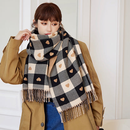 Thick Large Blanket Shawl Scarf, Women's Plaid Comfortable Scarf, Women's Autumn and Winter Heart-Patterned Scarf