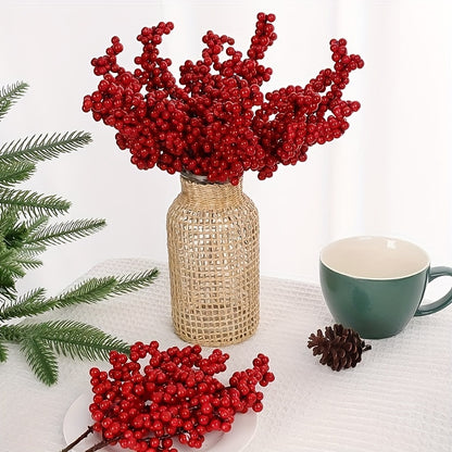 Set of Bright Red Artificial Christmas Tree Berries, Holiday Decoration