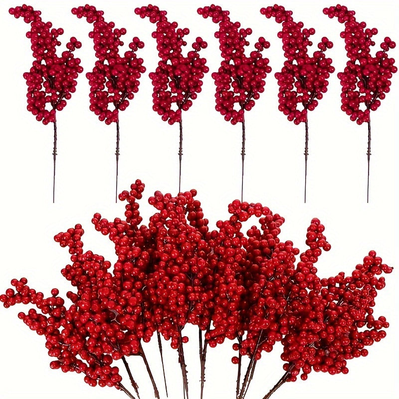 Set of Bright Red Artificial Christmas Tree Berries, Holiday Decoration