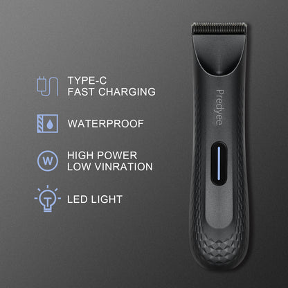 Men Waterproof Pubic Hair Trimmer, Electric Groin Groomer, Replaceable Ceramic Blade