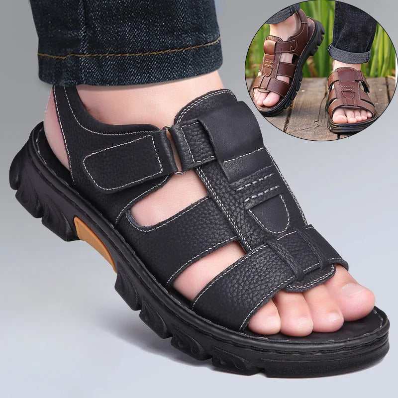 Mens Casual Summer Sandals Adjustable Solid Color Shoes with Durable Rubber Sole Breathable PU for Outdoor Walking