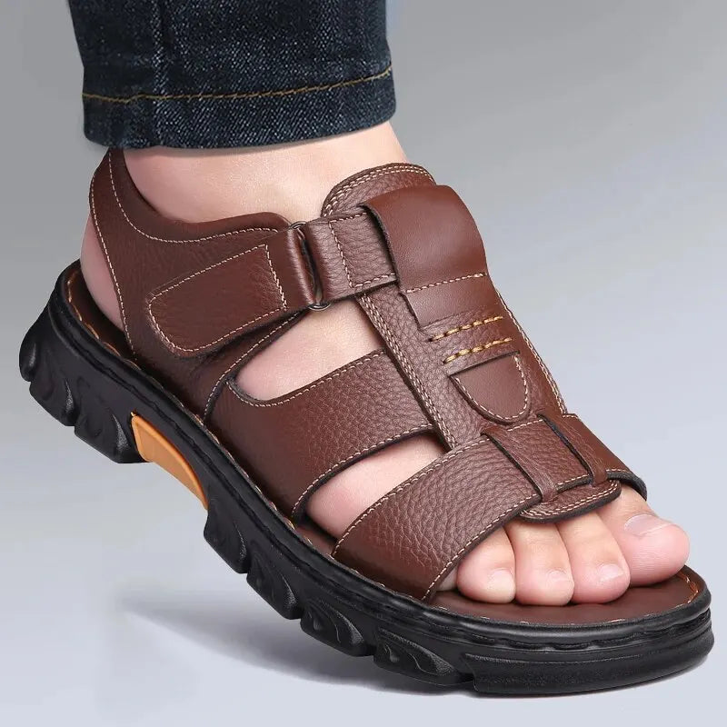 Mens Casual Summer Sandals Adjustable Solid Color Shoes with Durable Rubber Sole Breathable PU for Outdoor Walking