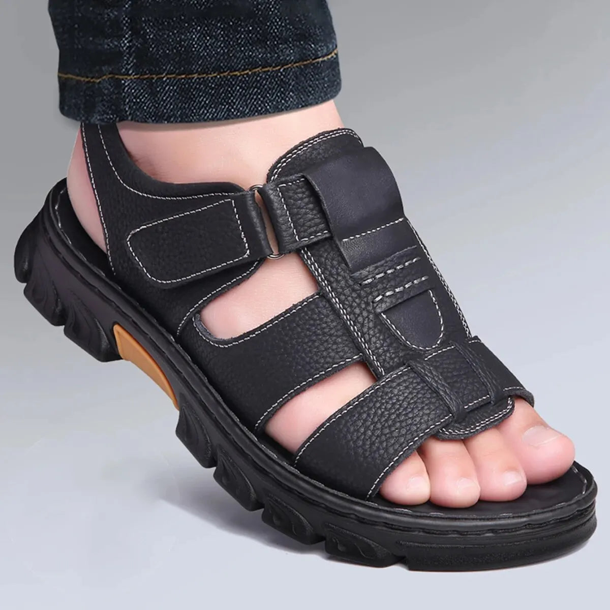Mens Casual Summer Sandals Adjustable Solid Color Shoes with Durable Rubber Sole Breathable PU for Outdoor Walking