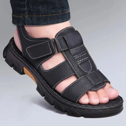 Mens Casual Summer Sandals Adjustable Solid Color Shoes with Durable Rubber Sole Breathable PU for Outdoor Walking