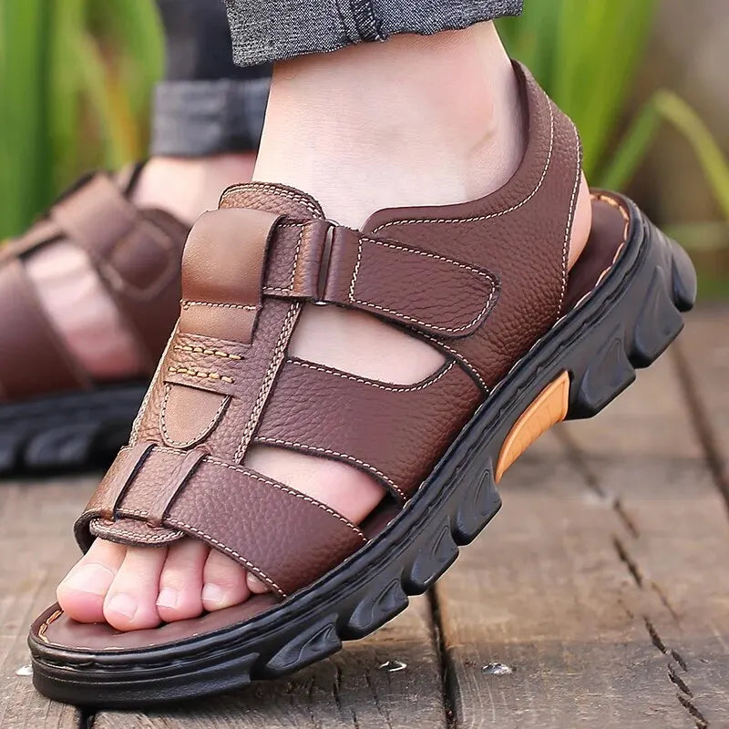 Mens Casual Summer Sandals Adjustable Solid Color Shoes with Durable Rubber Sole Breathable PU for Outdoor Walking
