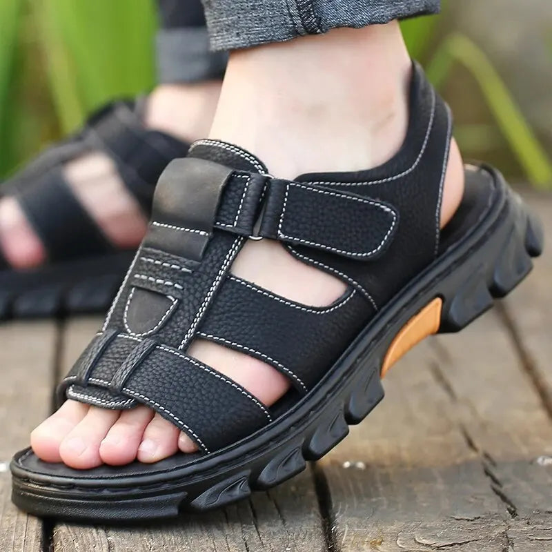Mens Casual Summer Sandals Adjustable Solid Color Shoes with Durable Rubber Sole Breathable PU for Outdoor Walking
