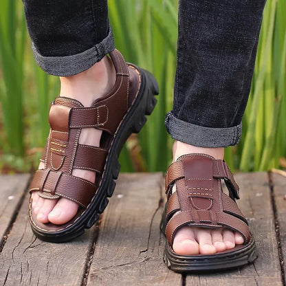 Mens Casual Summer Sandals Adjustable Solid Color Shoes with Durable Rubber Sole Breathable PU for Outdoor Walking