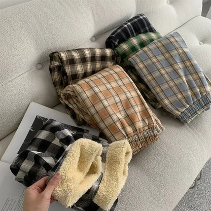 Fashion Warm Plush Pants, Cashmere Thick Plaid, Ladies Winter Casual Loose Wide-legged Pants for Streetwear