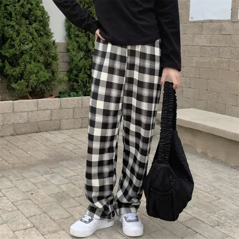 Fashion Warm Plush Pants, Cashmere Thick Plaid, Ladies Winter Casual Loose Wide-legged Pants for Streetwear