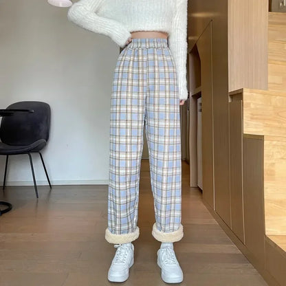 Fashion Warm Plush Pants, Cashmere Thick Plaid, Ladies Winter Casual Loose Wide-legged Pants for Streetwear