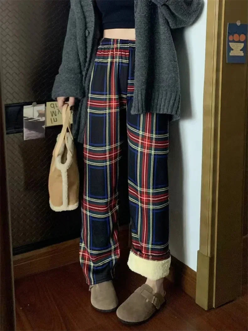 Fashion Warm Plush Pants, Cashmere Thick Plaid, Ladies Winter Casual Loose Wide-legged Pants for Streetwear