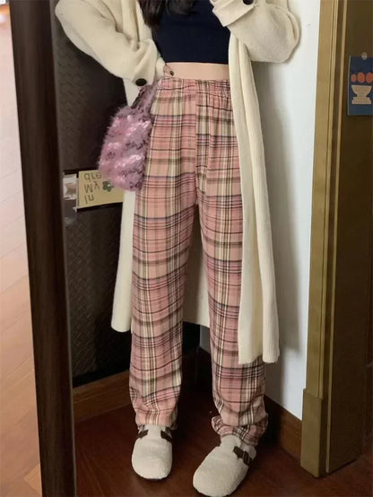 Fashion Warm Plush Pants, Cashmere Thick Plaid, Ladies Winter Casual Loose Wide-legged Pants for Streetwear