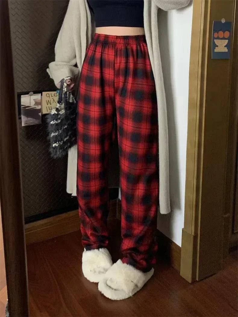 Fashion Warm Plush Pants, Cashmere Thick Plaid, Ladies Winter Casual Loose Wide-legged Pants for Streetwear