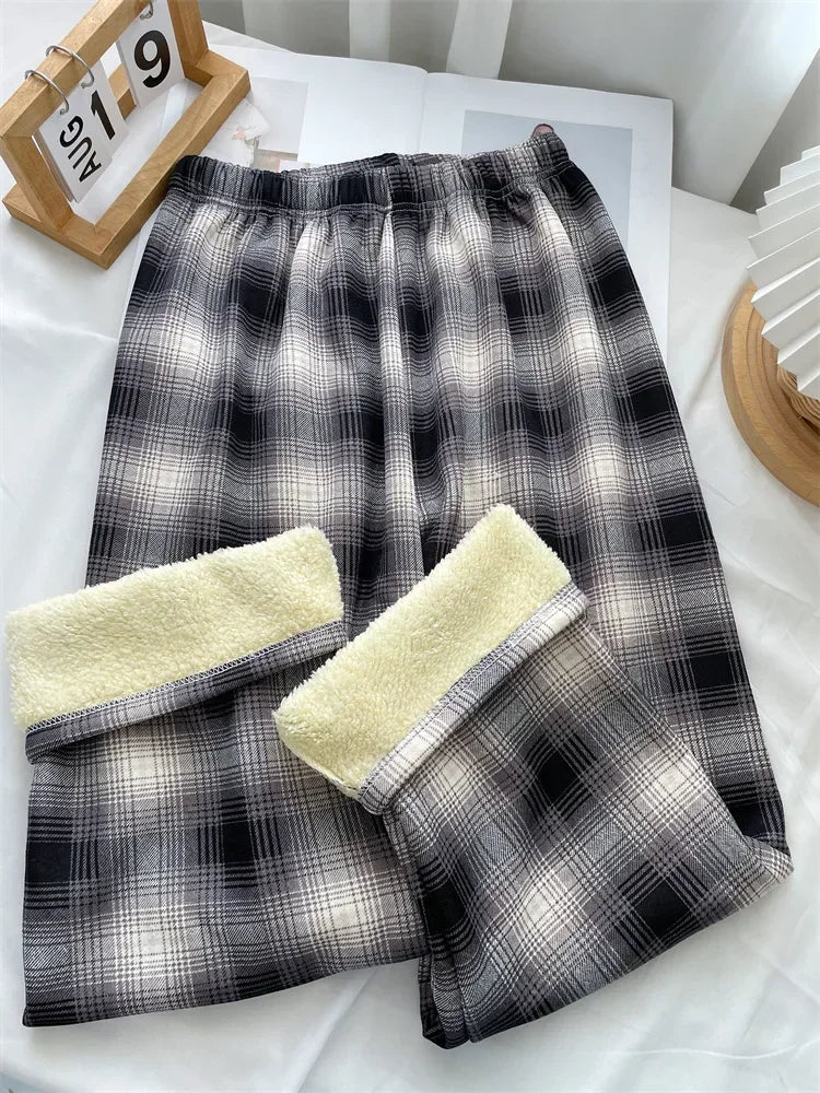 Fashion Warm Plush Pants, Cashmere Thick Plaid, Ladies Winter Casual Loose Wide-legged Pants for Streetwear