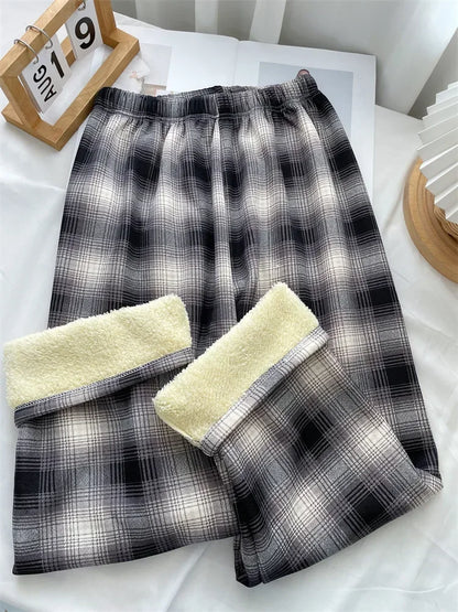 Fashion Warm Plush Pants, Cashmere Thick Plaid, Ladies Winter Casual Loose Wide-legged Pants for Streetwear