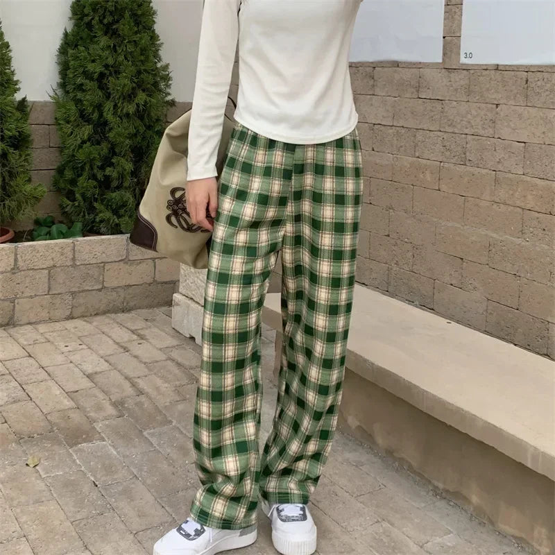 Fashion Warm Plush Pants, Cashmere Thick Plaid, Ladies Winter Casual Loose Wide-legged Pants for Streetwear