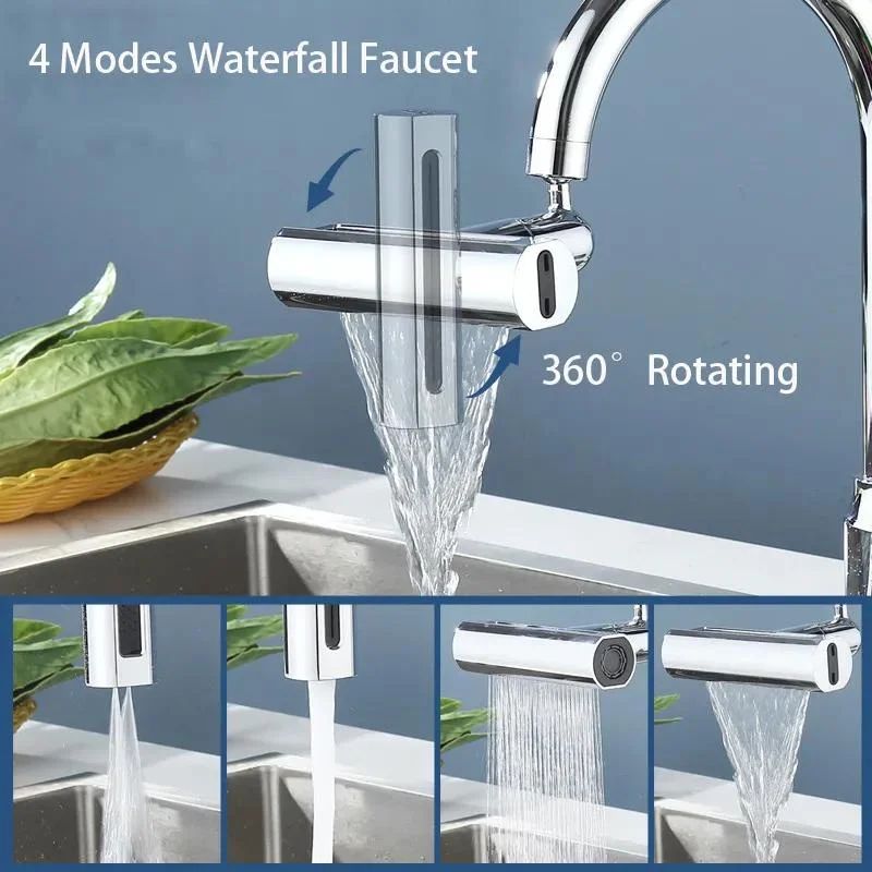 Modern 4-Mode Waterfall Kitchen Faucet – 720° Swivel Spout Mixer