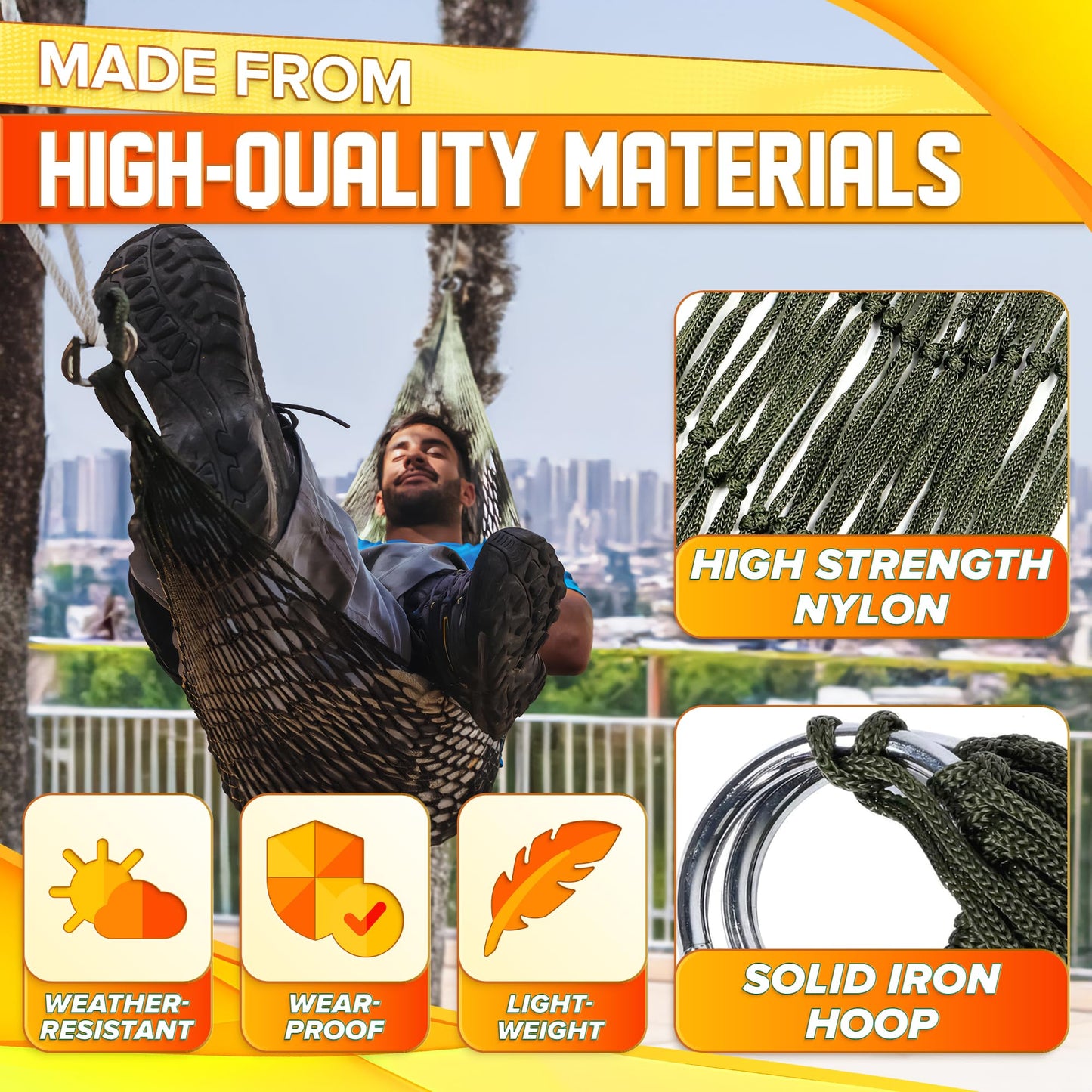 Portable Outdoor Camping Hammock, Net Swing Tree Straps, Single or Double Mesh Nylon Hammock for Hiking and Travel