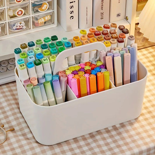 Compact 5-Compartment Portable Desk Organizer - Plastic Storage Basket with Handle