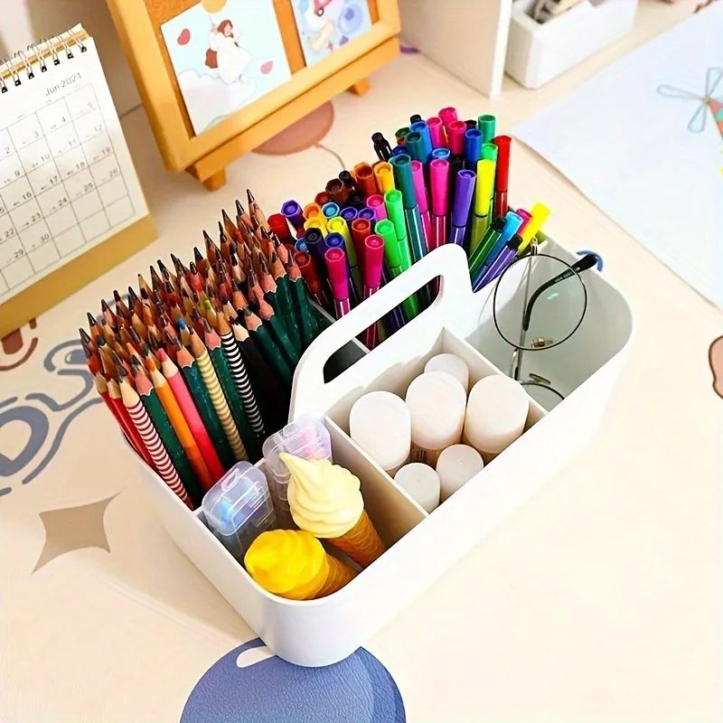 Compact 5-Compartment Portable Desk Organizer - Plastic Storage Basket with Handle