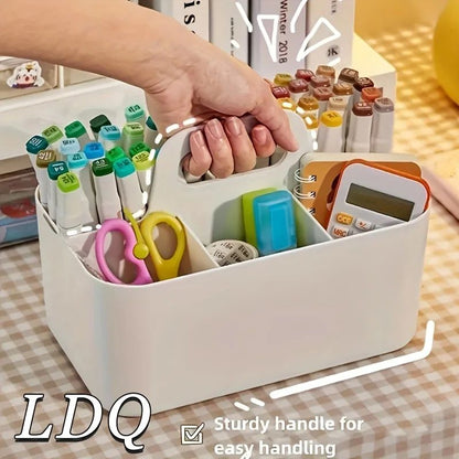 Compact 5-Compartment Portable Desk Organizer - Plastic Storage Basket with Handle
