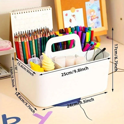 Compact 5-Compartment Portable Desk Organizer - Plastic Storage Basket with Handle