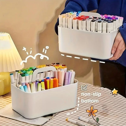 Compact 5-Compartment Portable Desk Organizer - Plastic Storage Basket with Handle