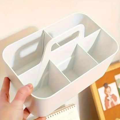 Compact 5-Compartment Portable Desk Organizer - Plastic Storage Basket with Handle