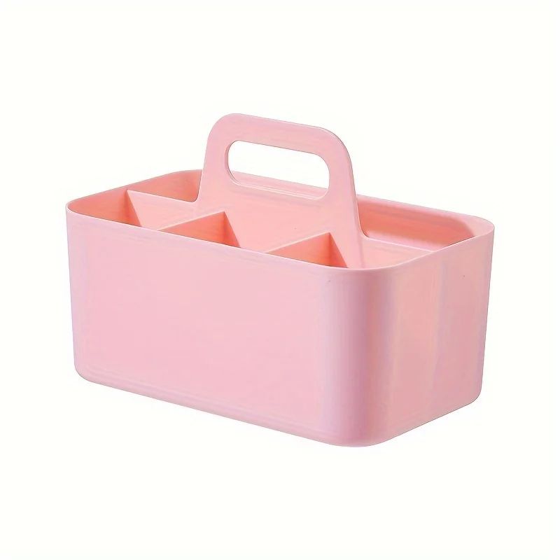 Compact 5-Compartment Portable Desk Organizer - Plastic Storage Basket with Handle
