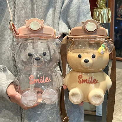 Cute Bear Large-Capacity Water Bottle – 1000 ml / 1400 ml Kids & Outdoor Tumbler with Straw
