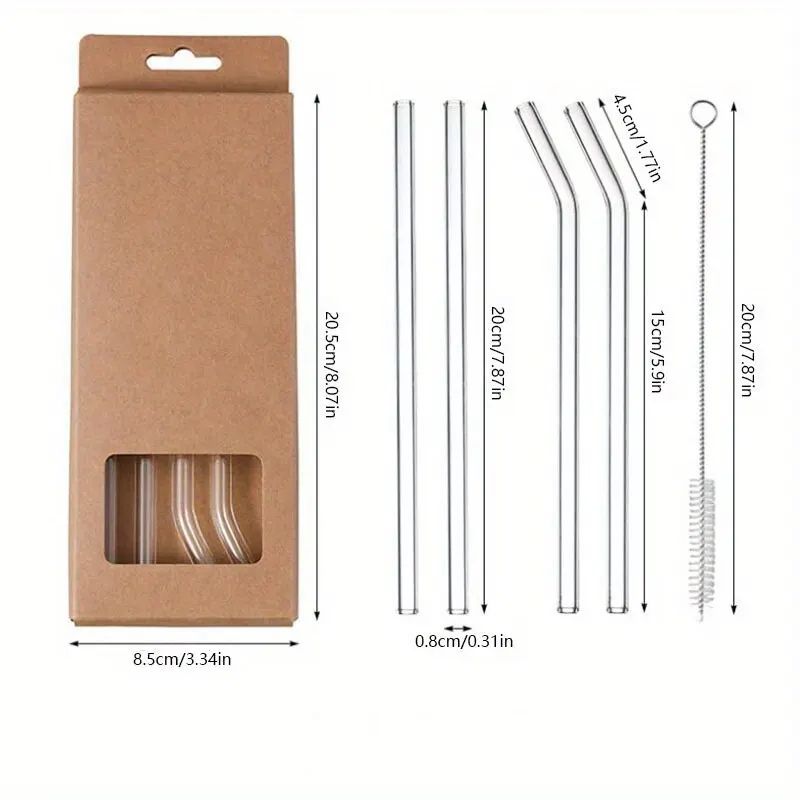 Heat-Resistant Glass Straw Set, 5-Piece Reusable Drinking Straws with Cleaning Brush