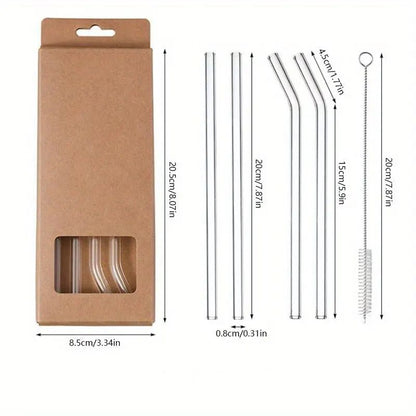 Heat-Resistant Glass Straw Set, 5-Piece Reusable Drinking Straws with Cleaning Brush