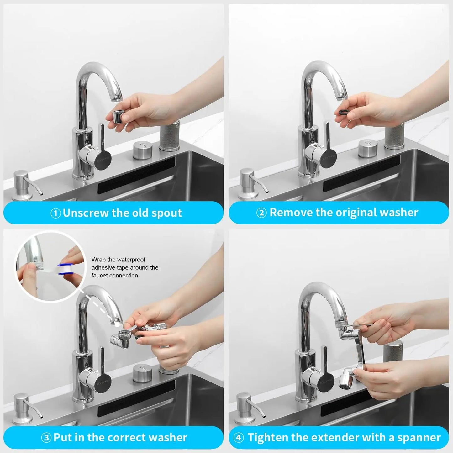 Universal Swivel Faucet Extender – 1080° Dual-Mode Rotating Sprayer for Kitchen & Bathroom
