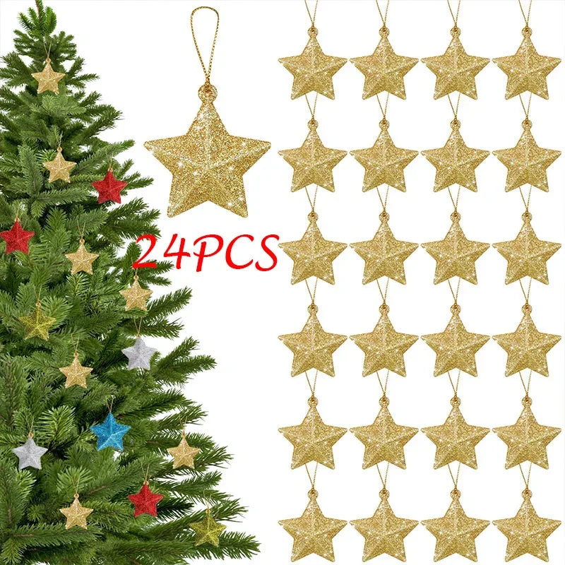 Gold Glitter Star Ornaments, Christmas Tree Pendant, Festive Party Decorations