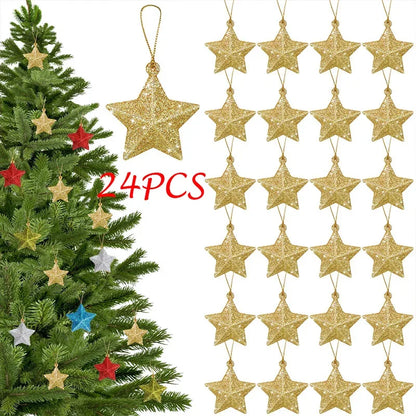 Gold Glitter Star Ornaments, Christmas Tree Pendant, Festive Party Decorations
