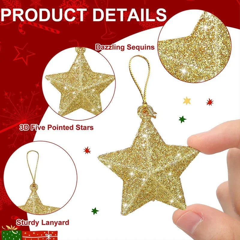 Gold Glitter Star Ornaments, Christmas Tree Pendant, Festive Party Decorations